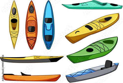 Colorful kayaks arranged in various perspectives, illustrating different types of boats for active water sports, outdoor recreation, and adventure activities