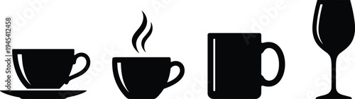 Coffee cup and mug silhouettes set, hot drink steam, tea cup saucer, wine glass icon collection vector
