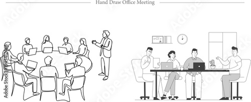 Office Meeting and Brainstorming Illustration Hand Drawn Line Art for Business Collaboration