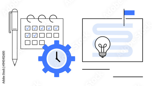 Project management concept. Project management tools thumbs up calendar, clock, and workflow streamline tasks for improved productivity. Project management supports schedules, ideas, and planning