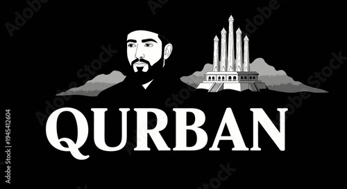 Stylized Qurban illustration with bearded man, monument, and text, perfect for Islamic religious themes and graphic design.