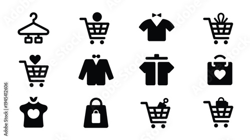 Fashion online shopping icons silhouette style black on white background e commerce symbols