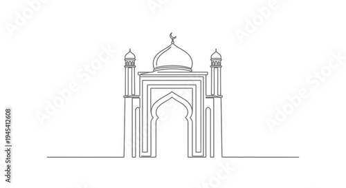 Minimalist Continuous Line Drawing of Mosque with Dome and Minarets. Islamic Architecture Vector Illustration for Ramadan, Eid.