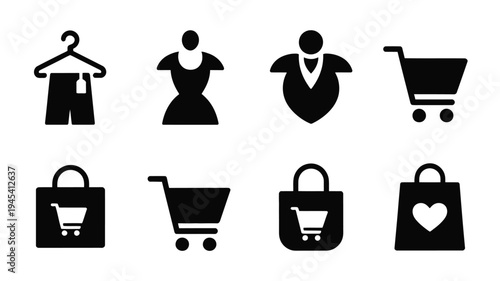 Fashion online shopping icons set with silhouette symbols for clothing bags and carts on white background