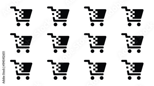 Online shopping cart icons in black and white checkered pattern on white background for e commerce concepts