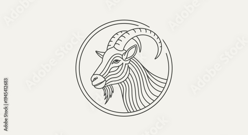 Minimalist Line Art Goat Head Illustration in a Circular Frame. Elegant Animal Outline Vector Graphic for Design Projects.