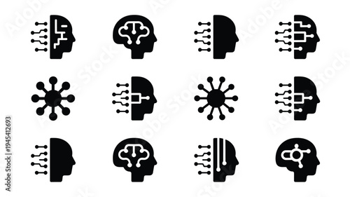 Digital network and brain silhouette logos for technology and innovation concepts