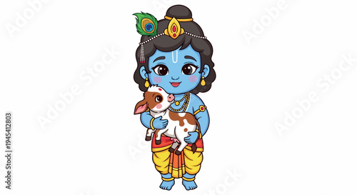 A cartoon illustration of a blue-skinned deity with a peacock feather on his head holding a cow in a colorful outfit against a plain white background.
