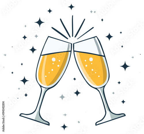 Two Champagne Glasses Clinking Together with Sparkles and Stars Illustration