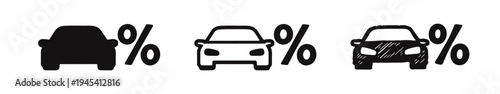 Car percentage icon set. Vehicle loan, sale, or discount symbol in solid, outline, and hand-drawn styles.