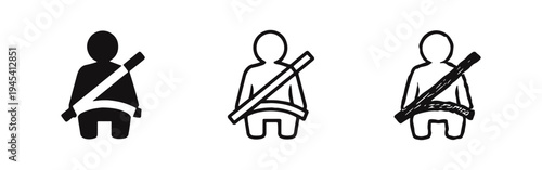Seatbelt safety icon set. Car passenger protection symbol in solid, outline, and hand-drawn styles.