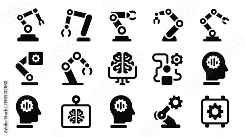 Robotics and automation icons set including robotic arms human brain with gears and technology symbols in black silhouette on white background for industry and innovation concepts