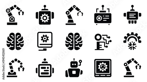 Robotics and automation icons set including brain gear robot and mechanical arm symbols on white background