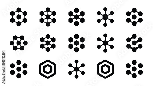Blockchain network and digital connection symbols in black on white background for technology and cryptocurrency concepts
