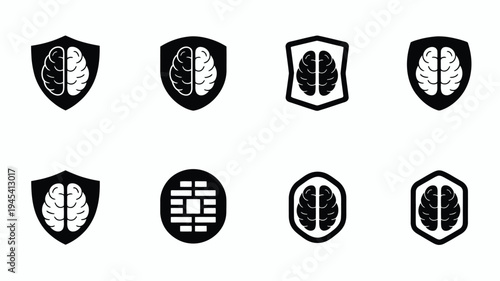 Artificial intelligence logo designs with brain and shield symbols for enterprise branding and technology concepts