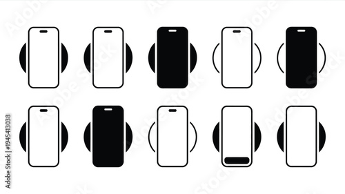Smartphone mockup badge style silhouette icons with headphones black and white technology and communication concept