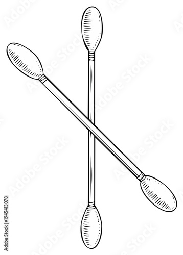 Illustration of crossed cotton swabs. Detailed linear drawing on white.