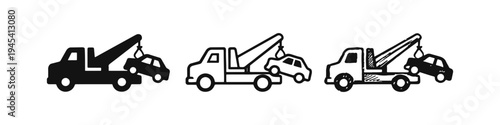 Tow truck icon set. Vehicle breakdown and recovery service symbol in solid, outline, and hand-drawn styles.