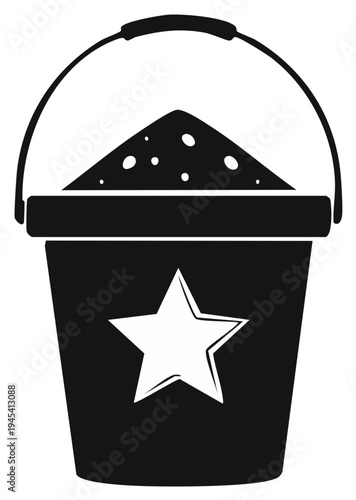 Black silhouette of a sand bucket filled with sand and decorated with a star symbol