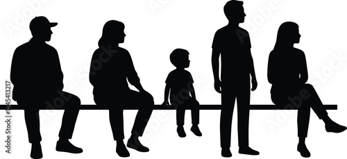 Family sitting on bench silhouettes, parents and children together, people waiting, urban lifestyle, social interaction vector illustration