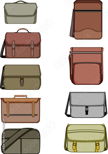 Cartoon style drawing showing a variety of messenger bags and satchels in different shapes, sizes, and colors, representing fashion accessories and everyday carry items