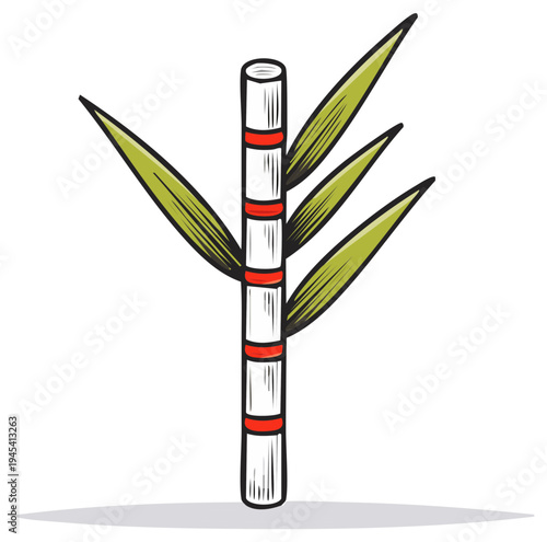 Stylized sugarcane plant stem with green leaves and red segmented stalk cartoon illustration