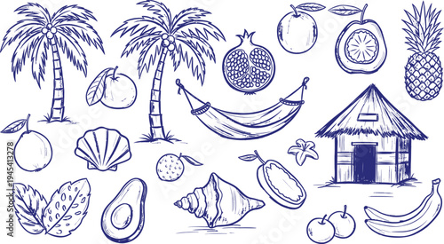 A collection of tropical icons including palm trees, fruits, and a beach hut