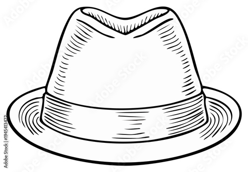 Classic Fedora Hat Detailed Line Art Illustration: Vintage Headwear Fashion Accessory with Distinctive Brim and Ribbon Band