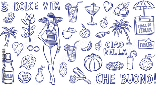 A vibrant illustration of a woman in a swimsuit surrounded by Italian-themed icons and phrases.