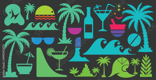 A vibrant illustration of tropical icons and cocktails on a dark background