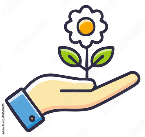 Caring hand nurturing a delicate green plant with a beautiful white flower icon