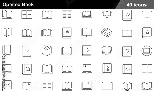 Opened Book Thin Line Icons Set Reading Perspectives, Library Symbols, Educational Content, Bookmark Indicators and Literature Icons for Publishing