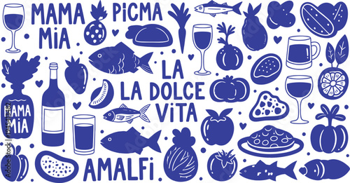 A vibrant illustration of Italian-inspired icons and phrases on a white background