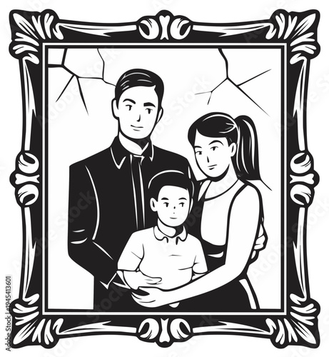 Ornate Framed Portrait of a Family with Cracks in the Background Symbolizing Fracture and Imperfect Family Dynamics