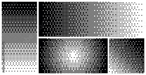 Halftone square dither pattern set, black white pixel gradients, density transitions, abstract raster overlays, geometric fade effects. Print, web, poster, glitch, shading. Vector illustration.
