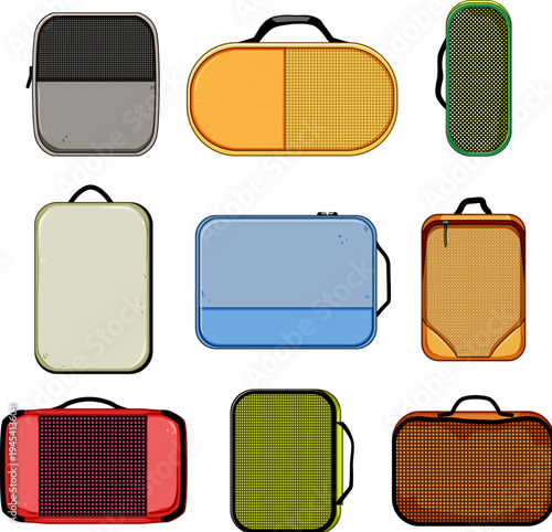Various colorful packing cubes providing essential travel organization solutions, neatly arranging clothes and accessories within luggage for efficient space saving during journeys