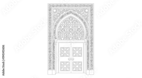 Ornate archway and symmetrical double doors with intricate arabesque geometric patterns, monochromatic vector illustration