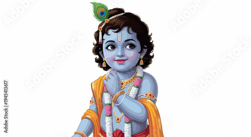 Illustration of a blue-skinned child dressed as Krishna with a flute and peacock feather on a white background.