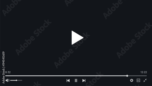 Video player interface, paused media screen, play button, timeline, control icons, dark modern layout. Streaming app, website, presentation, multimedia dashboard template. Vector illustration