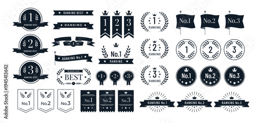 Ranking label. Achievement award badge, number one banner. First, second and third place winner ribbon. Best quality, business competition design. Laurel wreath, prize medal and crown vector set