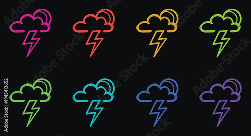 A collection of colorful lightning bolt icons on a black background