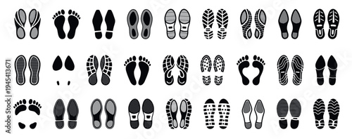 Human footprints. Foot imprint, boot footsteps. Shoe and sneaker footprint silhouettes. Male and female high heel track. Adult and children barefoot sand beach imprint. Black sole trail walking steps