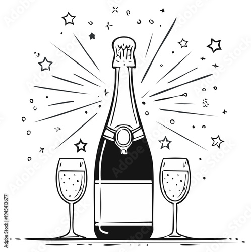 Champagne bottle and two glasses with festive starburst and sparkle celebration