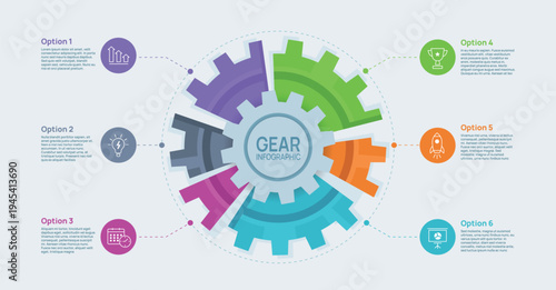 Gear infographic template with options, business process workflow steps, icons growth idea calendar trophy rocket presentation, modern flat design, marketing slide, annual report. Vector illustration
