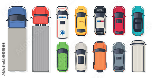 Top view car set, taxi police ambulance pickup truck van sedan SUV collection. Transport, traffic, logistics, navigation app, city map, fleet service design. Flat vector illustration