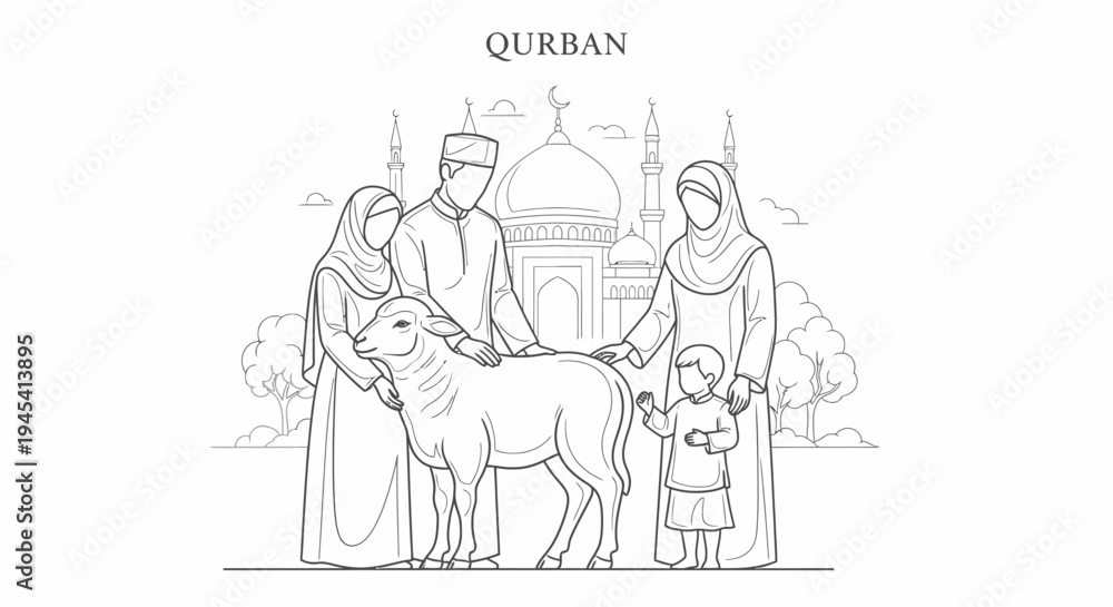 Obraz premium Muslim Family with Lamb for Qurban Eid al-Adha Celebration, Outline Drawing for Religious Holiday Illustration or Coloring Book
