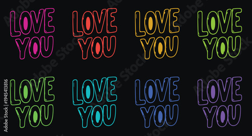 A colorful neon sign with the words 'love you' in multiple rainbow hues on a black background.