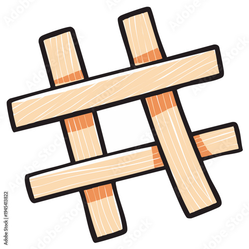 Hand-Drawn Wooden Hashtag Symbol with Organic Texture and Imperfect Outline, Social Media Icon, Rustic Sign