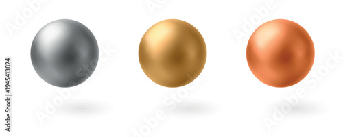 Metallic sphere set, silver gold copper glossy balls, realistic floating objects, soft shadows, luxury material palette. Branding, presentation, UI, packaging, premium template. Vector illustration