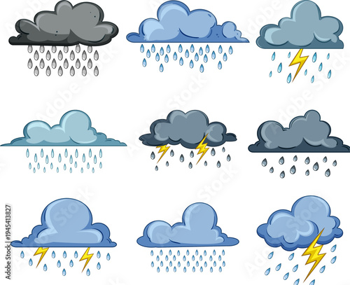 Illustrated weather symbols featuring different types of clouds dropping rain and lightning, representing diverse meteorological phenomena from light showers to heavy thunderstorms